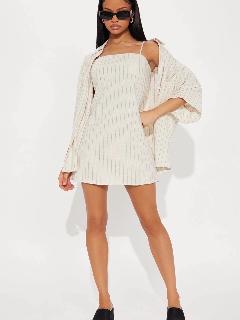Cream Striped Mini Dress with Matching Overshirt